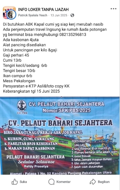 Tampilan salah satu penampakan iklan di unggahan Facebook oleh CV Pelaut Bahari Sejahtera dengan Refdiyanto sebagai direktur-nya, di Pekalongan, Jawa Tengah. Foto : istimewa, diolah.