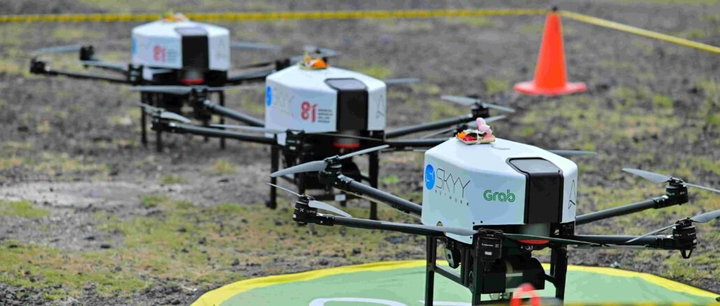 Drone yang digunakan dalam pilot project pengiriman makanan selama tiga bulan di Bali. Pilot project tersebut adalah hasil kolaborasi SKYY Network, Nuanu Creative City, Café del Mar Bali, dan Grab Indonesia - IST